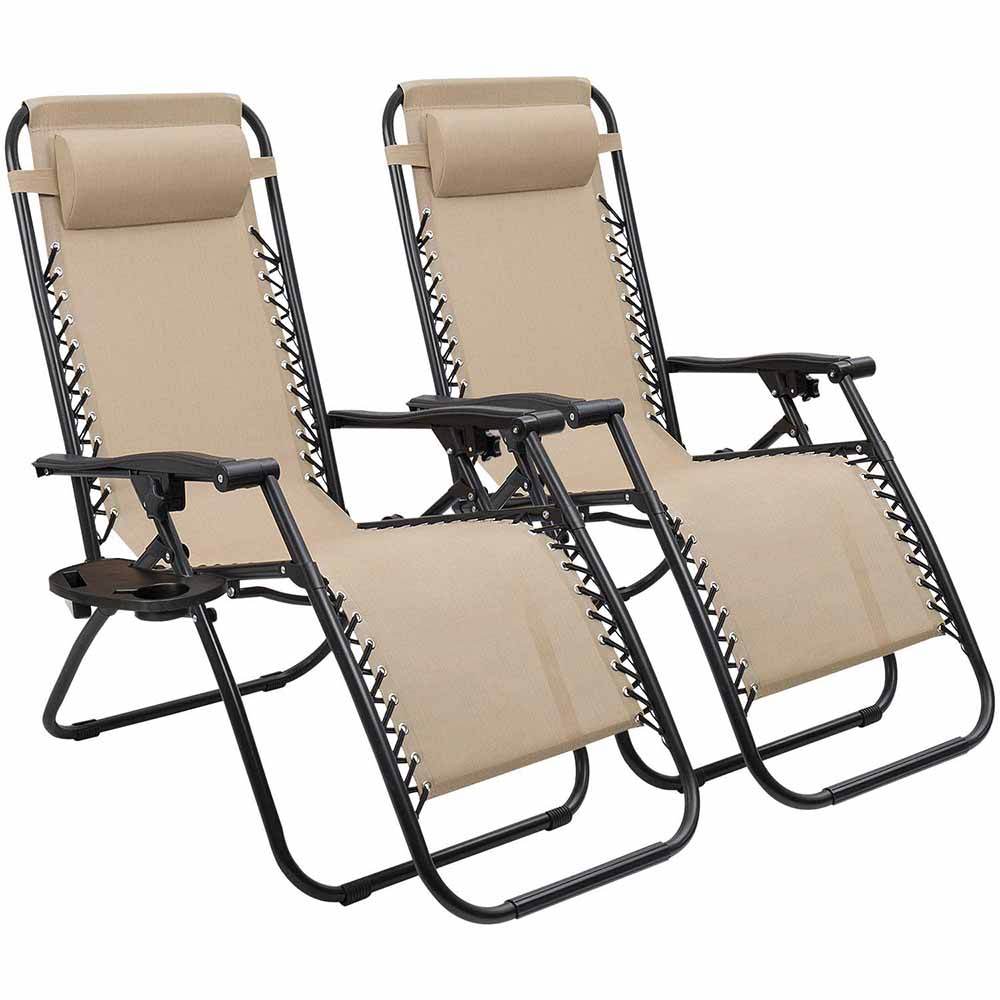 Zero gravity garden chair with gift cup holder, 2 pcs-beige - TrendFynd